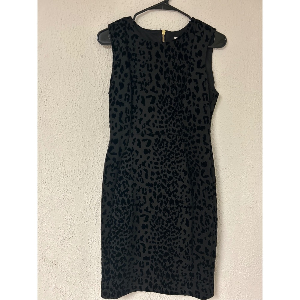 Calvin Klein Black Velvet Leopard Print Sheath Dress Gold Zipper 8P